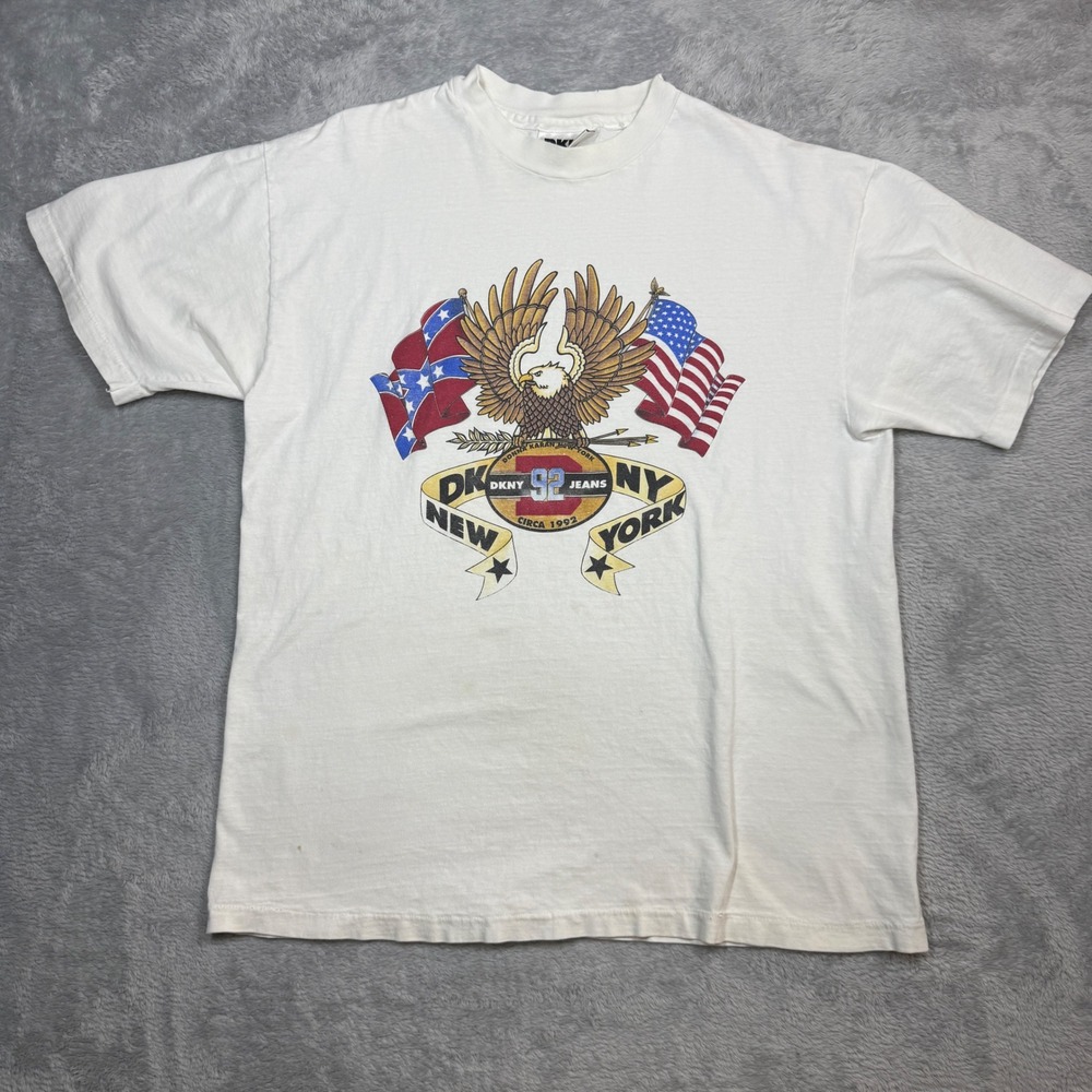 Vintage DKNY T Shirt Mens XL White Eagle USA Flag Graphic Single Stitch 90s